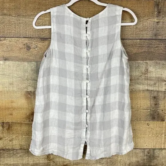J. Jill Love Linen Tank Top Gray White Buffalo Plaid Button Back Size Small - Picture 5 of 8
